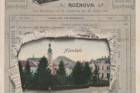 Rožnov – montáž Léčební listiny s obrázkem náměstí, kolem roku 1905