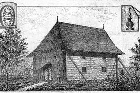 1_Dřevěný kostel v Huslenkách, kresba Dušana Jurkoviče z Časopisu Vlasteneckého spolku muzejního v Olomouci, 1892 / The Wooden Church in Huslenky, drawing by Dušan Jurkovič from the magazine of the Patriotic Museum Association in Olomouc, 1892