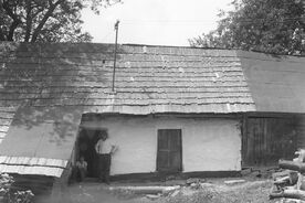 1_Prlov, dům čp. 24, u vstupu majitel pan Polčák, 1966 / Prlov, house no. 24, the owner Mr Polčák at the entrance, 1966