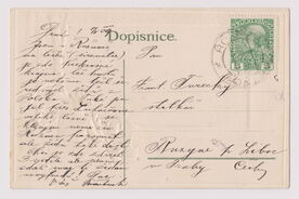 Rubová strana pohlednice z Rožnova z roku 1909