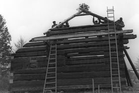4_Valašská dědina, stavba, vztyčování první krokvice s májem, 1962 / The Wallachian Village, construction, erecting the first rafter “topped out” for luck, 1962