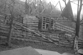 4_Seninka, sušírna, demontáž střešní konstrukce, 1963 / Seninka, fruit-drying shed, dismantling the roof construction, 1963