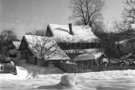 3_Karolinka-Raťkov, ukázka rodového shluku Országů-Barevňanských in situ, 1966 / Karolinka-Raťkov, the cluster of cottages of the Ország-Barevňanský family in situ, 1966