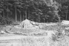 1. Dinotice pod Cábem – stavění milíře, 30. léta 20. století / Dinotice beneath the mountain Cáb – charcoal pile, the 1930s