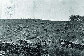 4. Rubisko na Radhošti, lesní dělníci připravují dřevo na svážení, 1893 / Clearing on Radhošť, forest workers preparing wood for collection, 1893