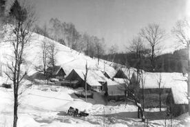 4_Karolinka-Raťkov, ukázka rodového shluku Országů-Barevňanských, celkový pohled, 1966 / Karolinka-Raťkov, the cluster of cottages of the Ország-Barevňanský family, panoramic view, 1966