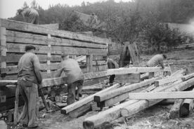 7_ Valašská dědina, stavba domu, příprava trámů, 1972 / The Wallachian Village, construction of the house, preparing the beams, 1972