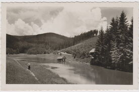 1_Velké Karlovice – Jezerné, část údolí s jezírkem, 1938, pohlednice / Velké Karlovice – Jezerné, part of the valley with a lake, 1938, postcard
